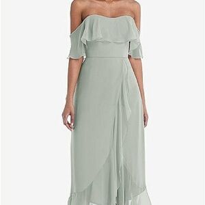 Off the Shoulder Ruffled High-Low Strapless Formal Maxi Dress in Willow Green